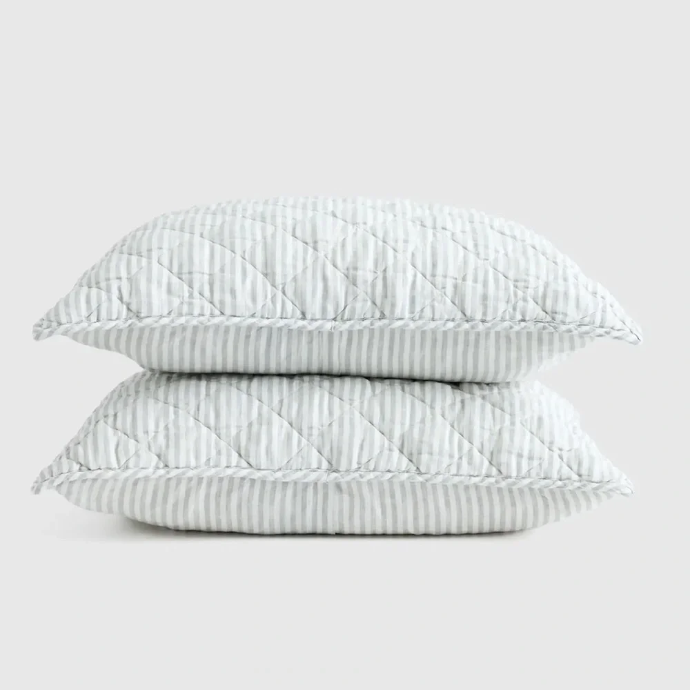 NWT Quince European Linen Stripe Quilted King Shams in Mist White Stripe